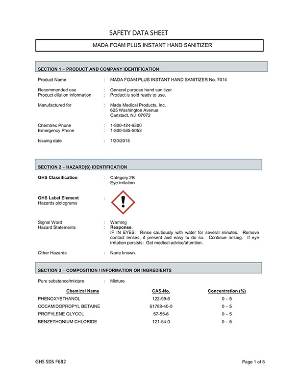 MSDS No. 7014 MadaFoam Plus