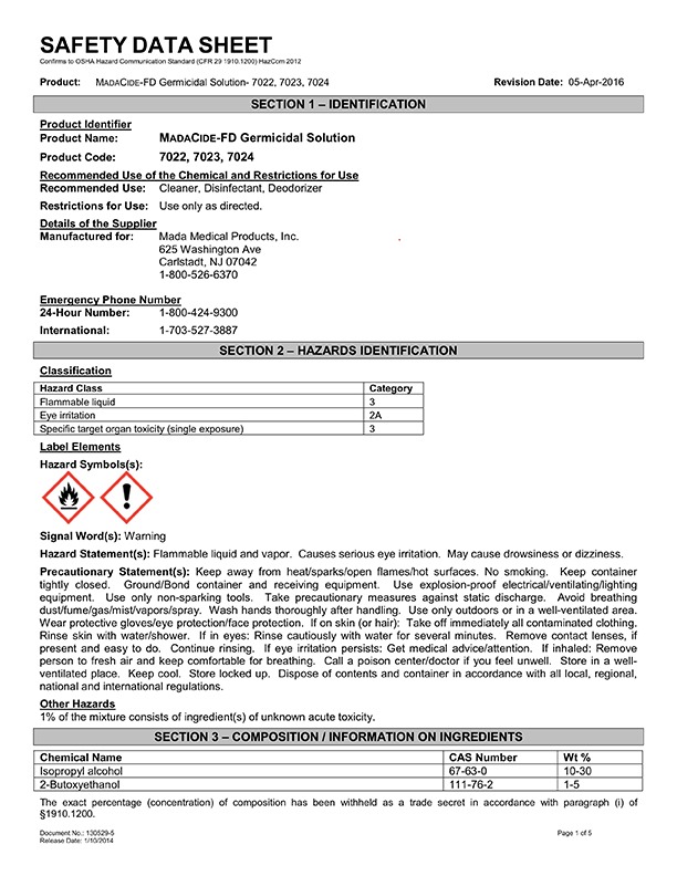 MSDS No. 7022, 7023, 7024 MadaCide FD